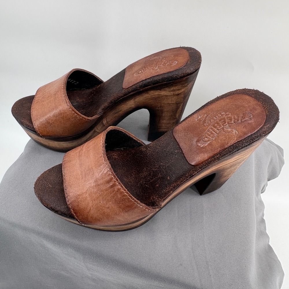 Freebird by Steven Cuba Tan Leather Wood Platform Clog Sandals Womens 7 FB-CUBA - Picture 4 of 14